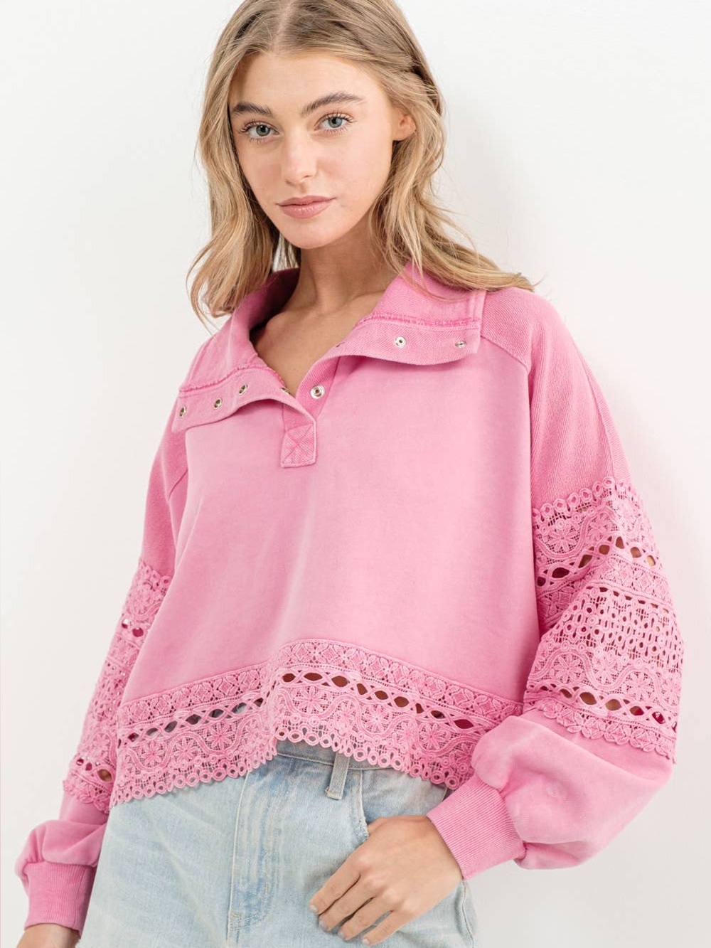 Blue b Large PINK Women's Pink Lace-Trim Pullover Hoodie